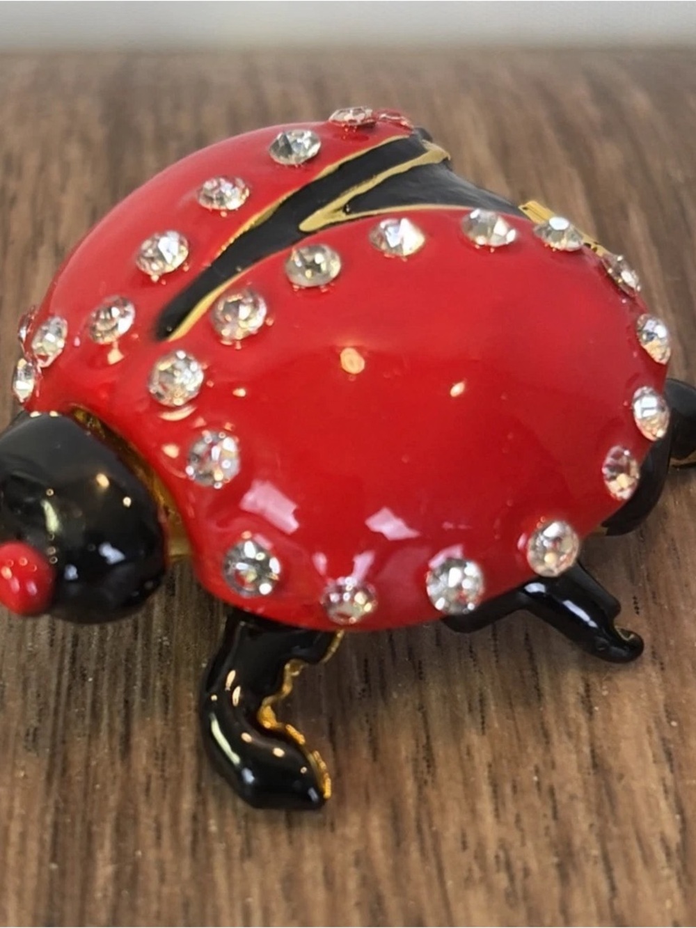 Red Enamel & Rhinestone Hinged Ladybug Trinket Pill Box Jeweled Bling Magnetic